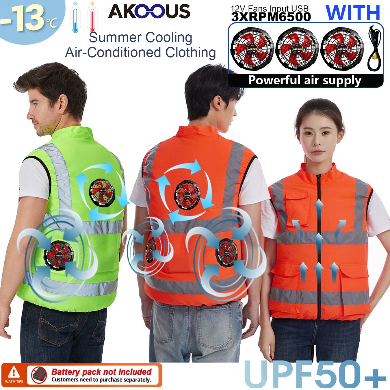 Fishing Jacket Waterproof - AKOOUS 6500 RPM 12V/5V USB 3-Kipas